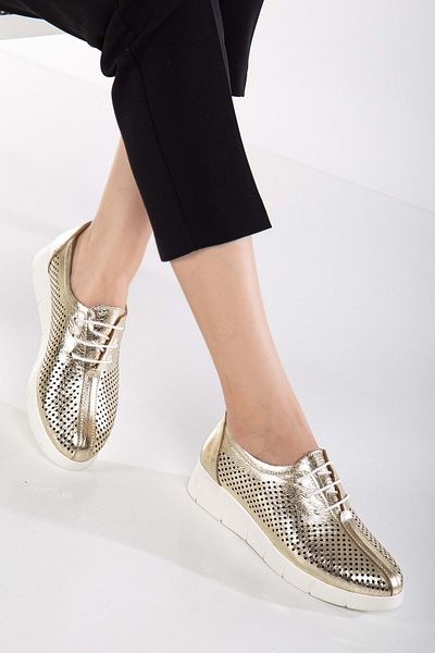 ANALİN SHOES Pantofi confortabili de zi cu zi cu șireturi cu laser din piele naturală - aurii