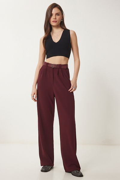 Lovelyİstanbul Comfortable Belt Palazzo Knitted Trousers Bordo Lrv0093