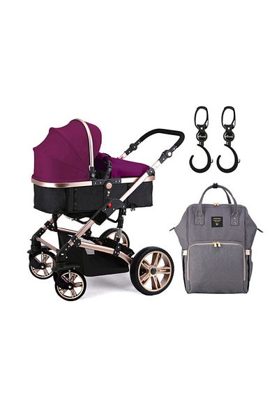TEKNUM Teknum 3 in 1 Pram Stroller-Wine + Sunveno Diaper Bag Grey + Hooks