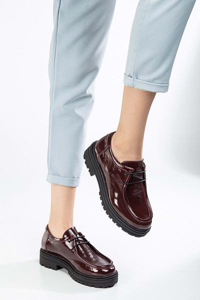 ANALİN SHOES Pantofi Oxford de damă din piele lacuită burgundă - piele naturală, talpă groasă și șireturi