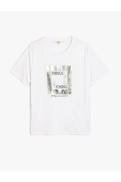Koton Tricou alb cu mânecă scurtă, cu decolteu, cu imprimeu metalic, pentru femei 5sak50115ek