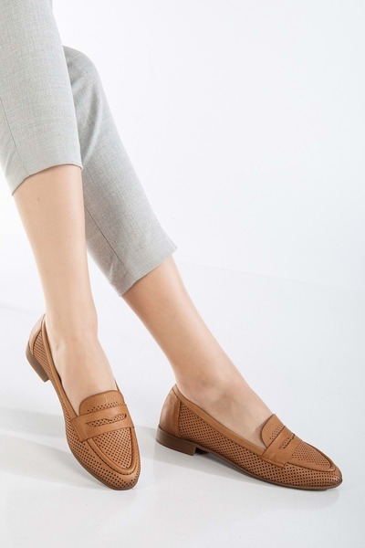 ANALİN SHOES حذاء باليرينا نسائي من الجلد الطبيعي للاستخدام اليومي - أسمر ضار...