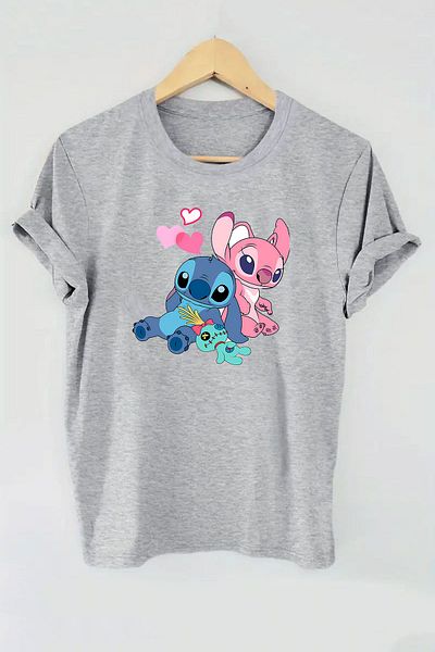 makiteks Γυναικείο μπλουζάκι με στάμπα Lilo Stitch Unisex Oversize Crew Neck Λευκό Μαύρο Γκρι