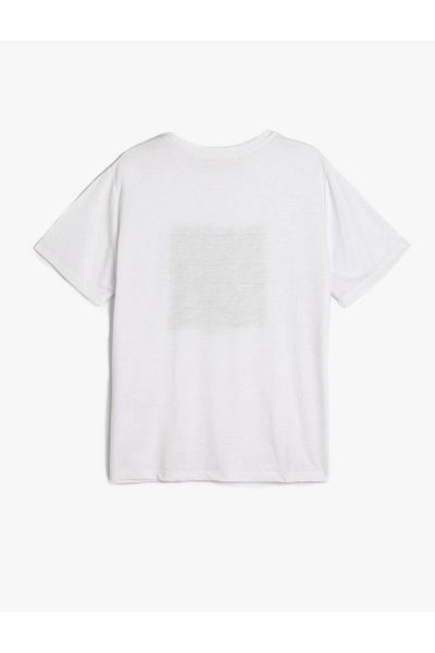 Koton Tricou alb cu mânecă scurtă cu decolteu cu sclipici imprimat pentru femei 5sak50114ek