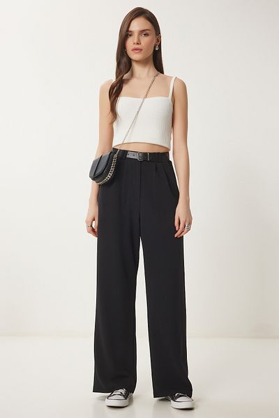 Lovelyİstanbul Comfortable Belted Palazzo Knitted Trousers Black Lrv0093