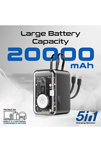 Promate 20000 mAh Power Bank,USB-C ,Lightning Cables, PD65W USB-C Port,27W USB-A Port,3W Apple Watch Charger