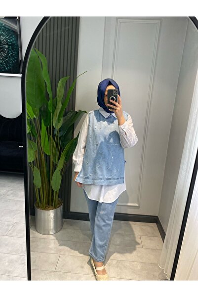 Aynaz Kadın Yelek,Gömlek taş detaylı 3'lü Kot Takım