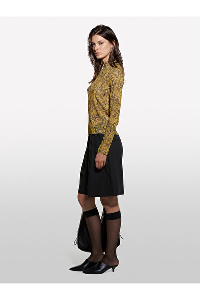 Sisley Women's Yellow Printed Printed Slim Fit High Neck Long Sleeve T-Shirt