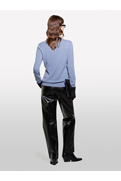 Sisley Women's Iron Blue Wool and Cashmere Blended Rib Detailed Crew Neck Cardigan