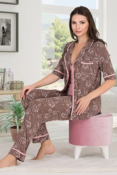 Viselya Καφέ Σετ Πιτζάμες 3 τεμαχίων με κουμπιά