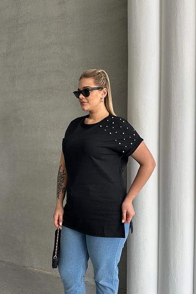 uniq store Large Size Short Sleeve Crew Neck Side Slits Beaded Basic T-Shirt Rft-03