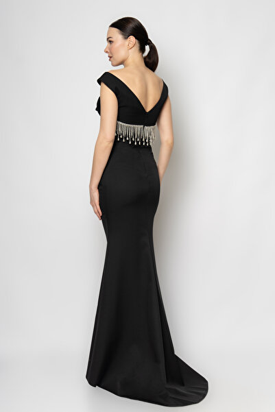 RENGIN Göğüs altından saçaklı taşlı krep abiye elbise