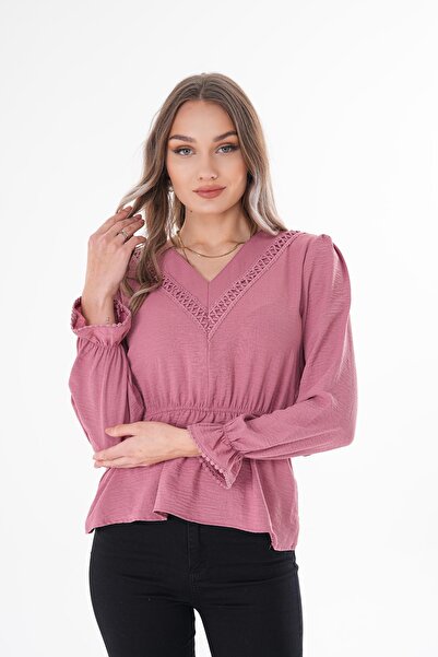 ŞİMAL Women's V-Neck Lace Detailed Blouse with Elasticized Sleeves and Waist 250196 -