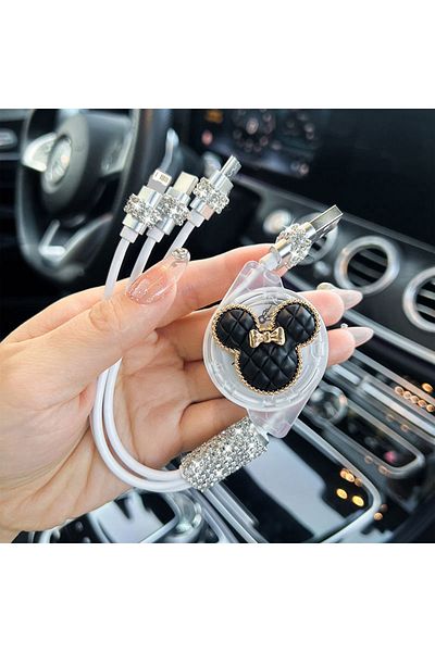 Miniso black line New Bling USB Car Charging Cable 3 in 1 Car Decor Charging Cable Car Styling Diamond Auto