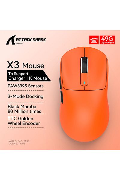 Choice ماوس الألعاب X3 Orange X3 اللاسلكي ATTACK SHARK باللون الأحمر بدقة 4K يعود، اتصال ثلاثي الأوضاع بتقنية البلوتوث،
