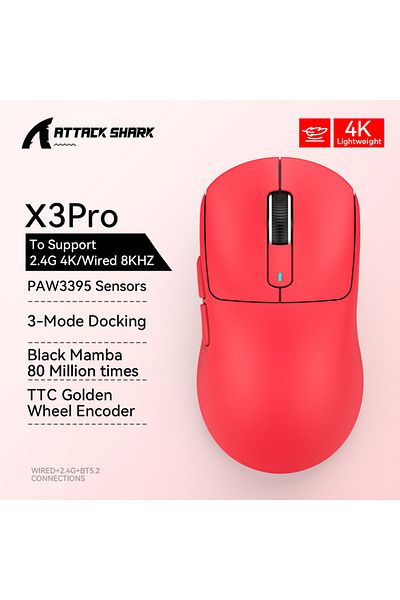 Choice ماوس الألعاب X3Pro Red X3 اللاسلكي ATTACK SHARK باللون الأحمر بدقة 4K يعود، اتصال ثلاثي الأوضاع بتقنية البلوتوث،