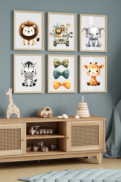 Hiras Dizayn Set de 6 postere Animale de safari pentru camera copiilor 3 dime...
