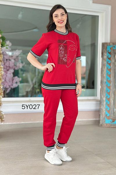 İnce Topuk Face Stone Printed Striped Tracksuit Set 5Y027