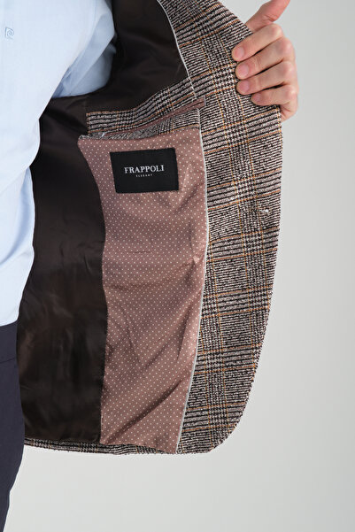 Frappoli Diocles Erkek Kahve Kareli - Ekoseli Kalın Esnemeyen Slim Fit Dar Kesim Blazer Ceket