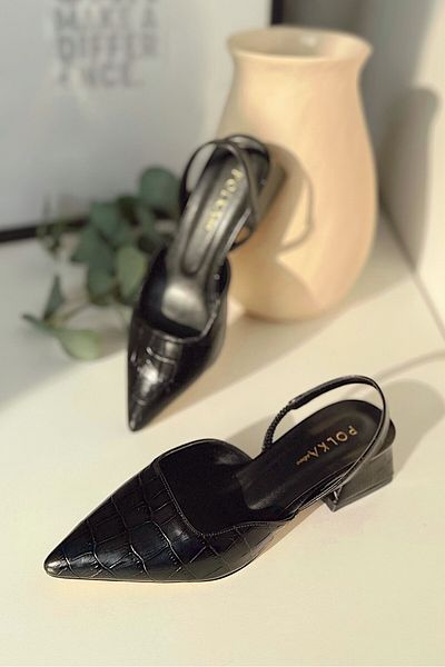POLKA STORE Blush Crocodile Matte Leather Pointed Toe Short Block Heeled Women's Shoes
