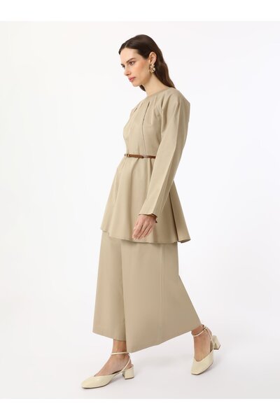 Refka Belt Detailed Double Poplin Suit - Mink - Exclusive