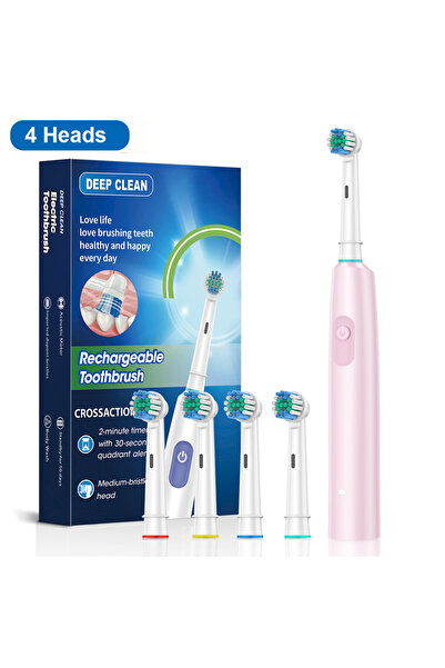 Choice1 فرشاة أسنان كهربائية دوارة قابلة لإعادة الشحن بأربعة رؤوس باللون الوردي للبالغين فرشاة أسنان كهربائية دوارة