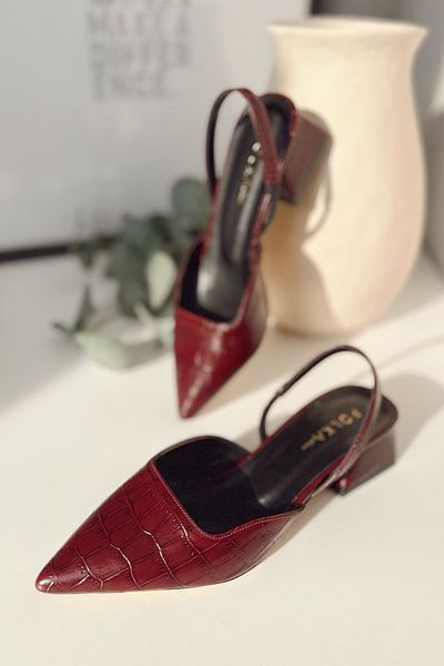 POLKA STORE Blush Crocodil din piele mată cu vârf ascuțit pantofi de damă cu toc bloc scurt