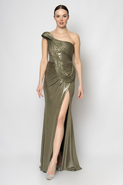 RENGIN Tek omuzdan bele asimetrik büzgülü straplez abiye elbise