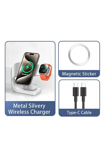 Choice Silvery 4 in 1 Wireless Charger Metal Shell for iPhone 15 14 13 12 Magnetic Fast Charging Station S