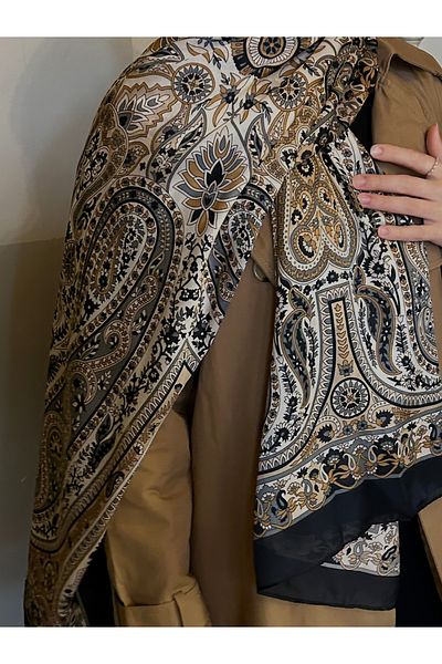ARMANDA Μαύρο και καμηλό Ethnic Voile Σάλι με σχέδιο Pashmina