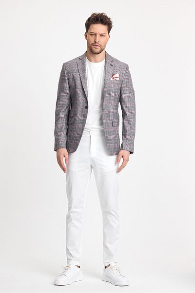Frappoli Gasparov Ανδρικό Γκρι - Claret Red καρό Slim Fit Mono Blazer παλτό