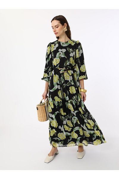 Benin Black Background Yellow Flower Pattern Lined Chiffon Fabric Hijab Dress