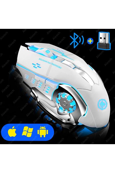Choice ماوس لاسلكي قابل لإعادة الشحن باللون الأبيض، ماوس صامت بتقنية البلوتوث، USB، ميكانيكي، للألعاب الرياضية الإلكترونية