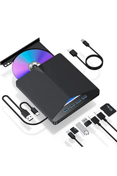 Choice محرك أقراص DVD RW خارجي أسود 7 في 1 بمنفذ USB 3.0 Type-c وقارئ أقراص مضغوطة وناسخ ومشغل بصري خارجي