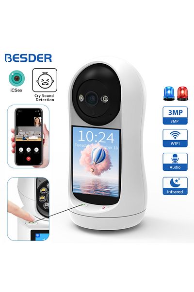 Choice كاميرا BESDER 3MP PTZ Wifi بمقبس أوروبي وبطاقة 32 جيجابايت وكاميرا فيديو 3MP PTZ مع شاشة IPS مقاس 2.8 بوصة Baby Cry So
