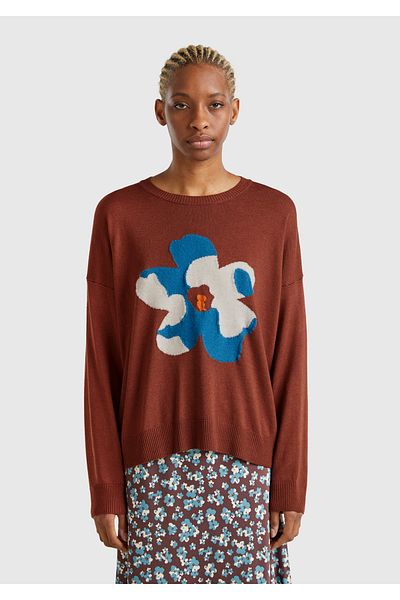United Colors of Benetton Women's Brown Viscose Blended Floral Patterned Sweater