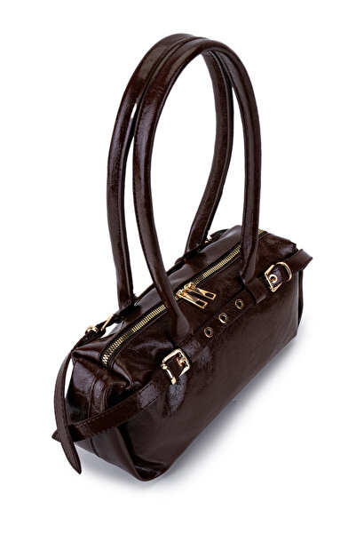 minebag Τσάντα ώμου με λεπτομερή ζώνη, λουστρίνι, συνθετικό δέρμα και μοτίβο Bitter Brown