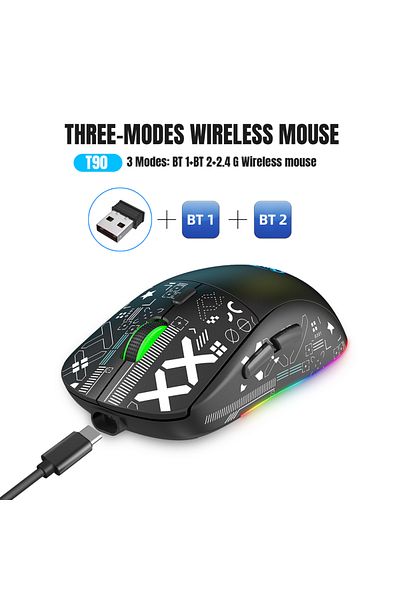 Choice ماوس ألعاب أسود بثلاثة أوضاع قابلة لإعادة الشحن ومزود ببلوتوث و2.4 جيجاهرتز وUSB لاسلكي وإضاءة خلفية RGB لجهاز iPad Tab