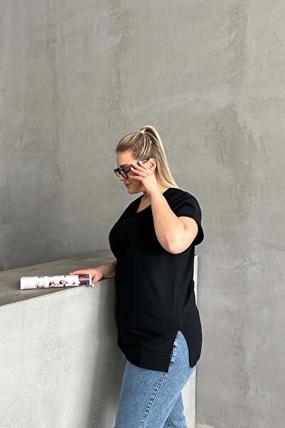 uniq store Large Size Short Sleeve V-Neck Basic T-Shirt with Side Slits Rft-02