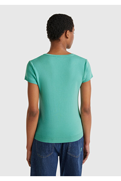 United Colors of Benetton Pulover cu mânecă scurtă, 100% bumbac, albastru gheață, cu gâtul turn