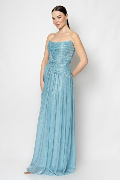 RENGIN Robası piliseli eteği büzgülü simli tül abiye elbise