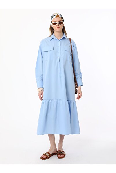 Benin Cep Detaylı Poplin Tesettür Elbise - Mavi -