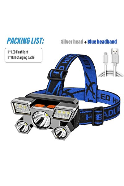 Choice مصباح أمامي عالي الطاقة 5*LED برأس فضي، ضوء صيد قابل لإعادة الشحن فائق...