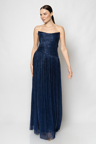 RENGIN Robası piliseli eteği büzgülü simli tül abiye elbise