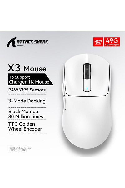Choice ماوس الألعاب X3 White X3 اللاسلكي ATTACK SHARK باللون الأحمر بدقة 4K يعود، اتصال ثلاثي الأوضاع بتقنية البلوتوث، PA