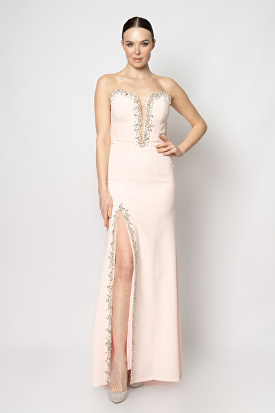 RENGIN Göğsü ve yırtmacı serpme taş yapıştırmalı krep abiye elbise