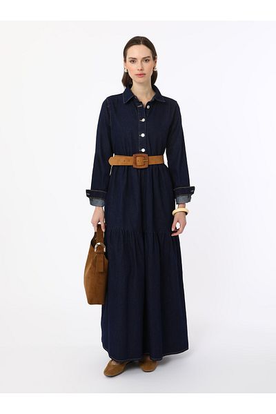 Benin Button Detailed Layered Denim Hijab Dress - Blue - Benin