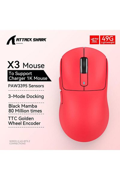 Choice ماوس الألعاب X3 Red X3 اللاسلكي ATTACK SHARK باللون الأحمر بدقة 4K يعود، اتصال ثلاثي الأوضاع بتقنية البلوتوث، PAW3