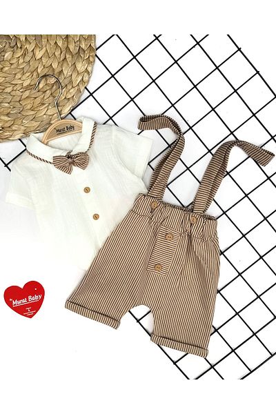 miniapple Summer Striped Men's Short Salopet with Bow Tie