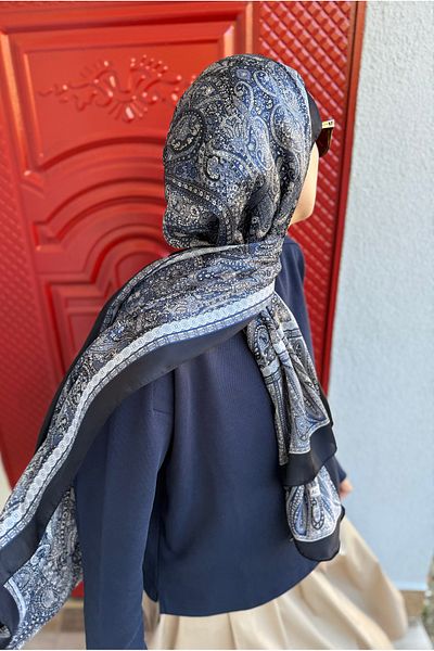 ARMANDA Ethnic Voile Vintage Pattern Shawl - Black Navy Blue